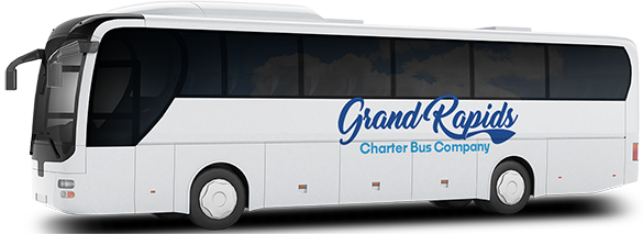 a plain white charter bus with a grand rapids charter bus company logo on it